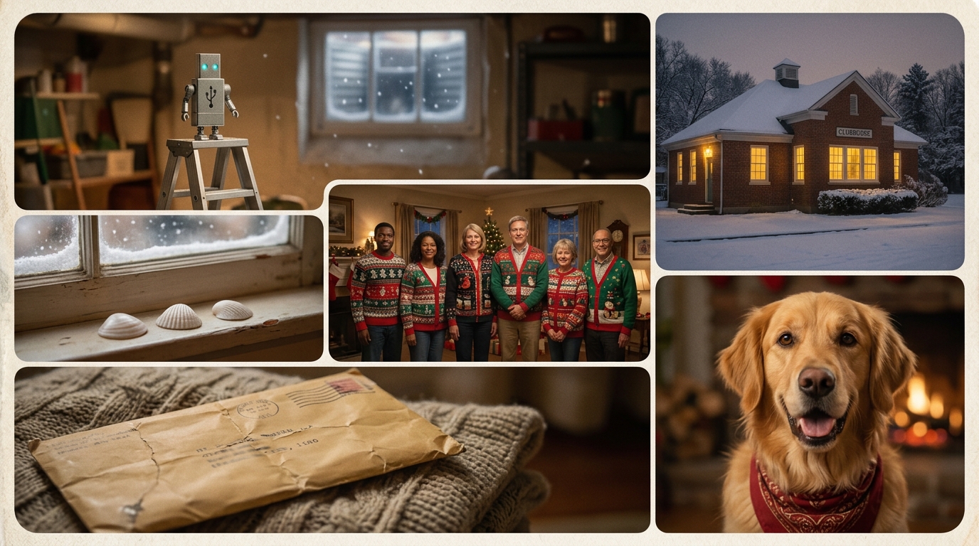 Poster: a tiny USB-stick robot on a stepladder, a snowed-in clubhouse, three seashells on a windowsill, a guild in ugly sweaters, a creased envelope, and a dog in a red bandana